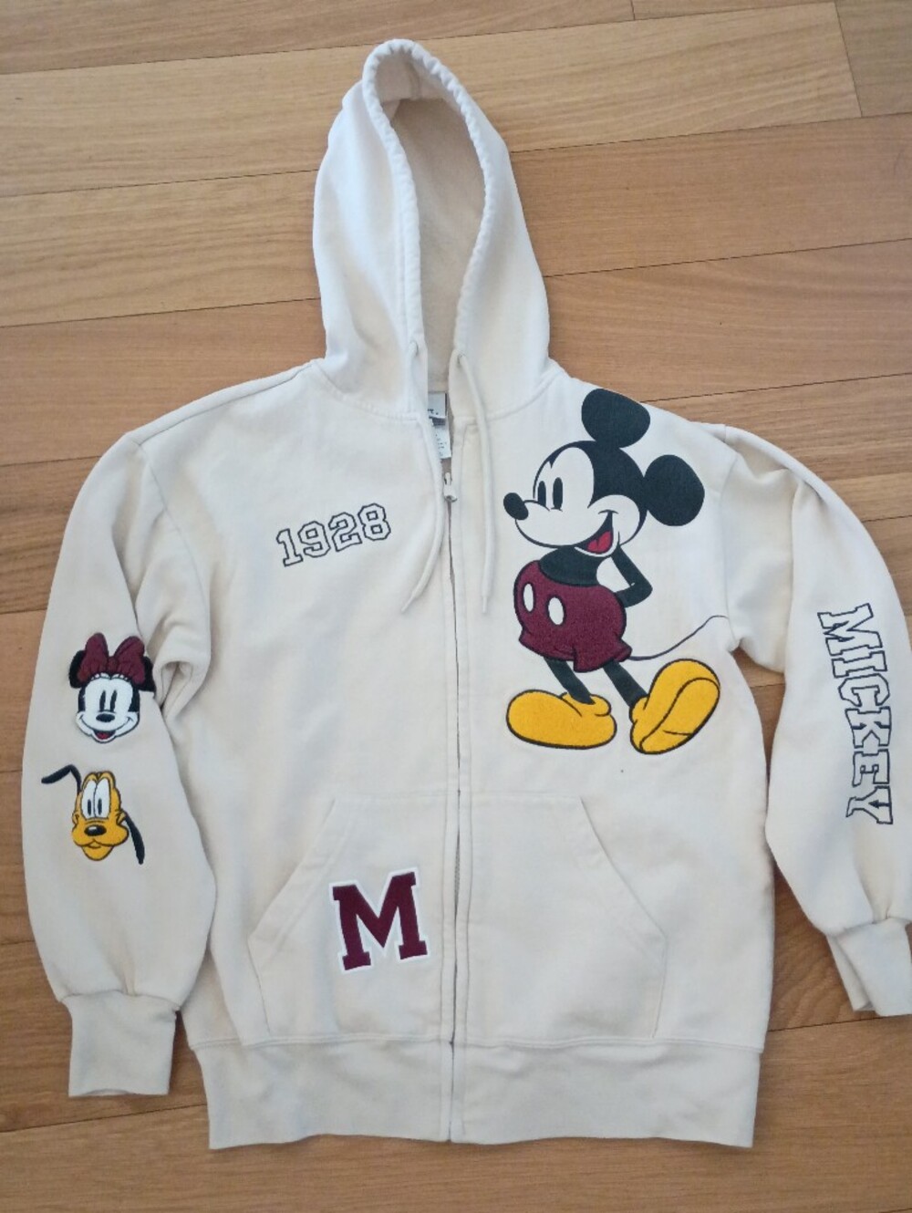 Disney Mickey Mouse XS Women's Cream Embroidered Zip Up Hoodie Sweater Jacket